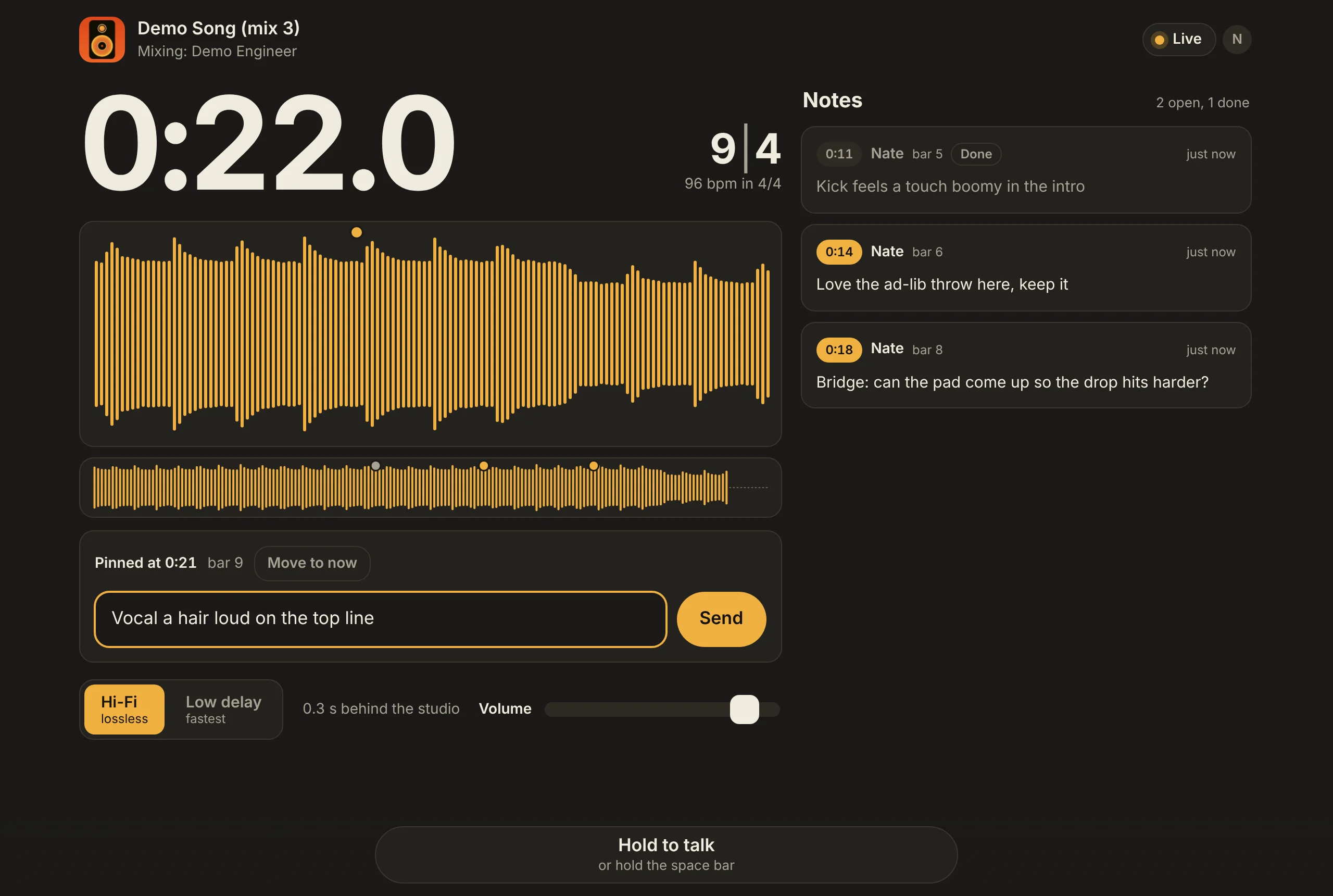 The listening page: the time and bar the engineer is at, a live waveform, a note being typed, and the notes so far.
