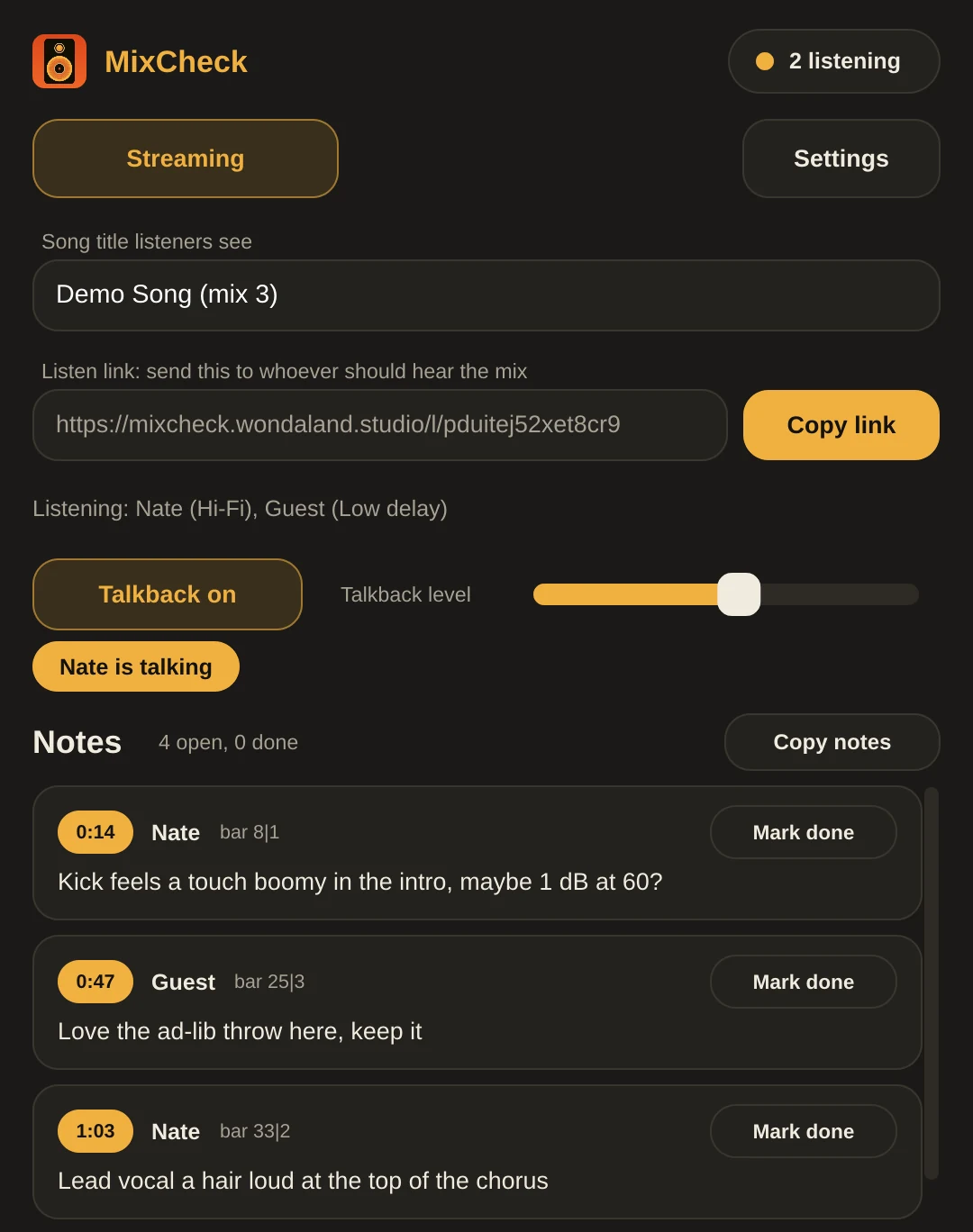 The plug-in window: the listen link, who is listening, talkback, and listeners' notes with their times.