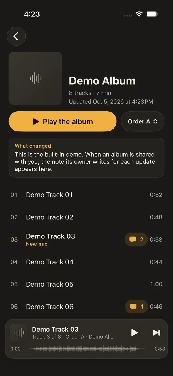 The album on iPhone: the running order, what changed, and the song playing.