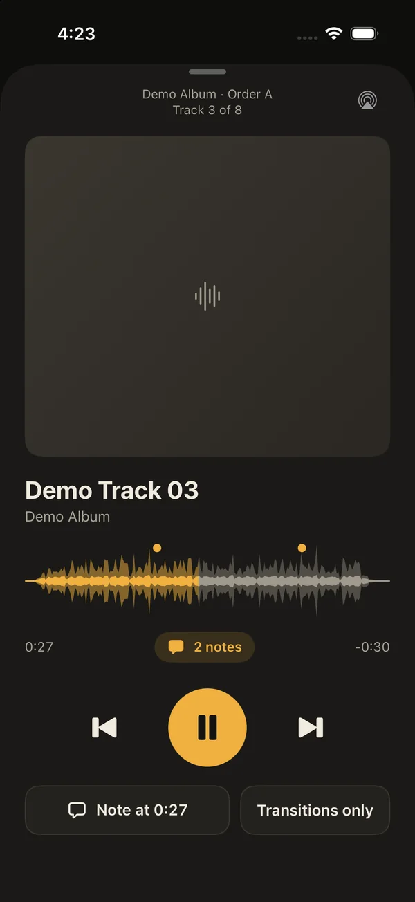 The player on iPhone: the waveform with two notes marked on it.