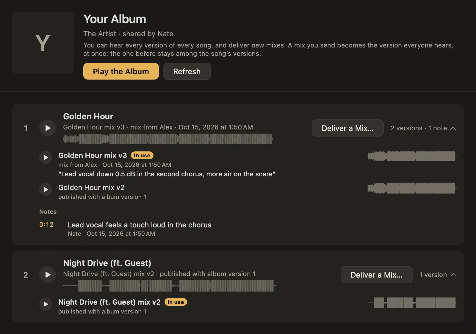 An album in Sequence for Mac: two songs, each with its versions, who delivered them, and a note at 0:12.